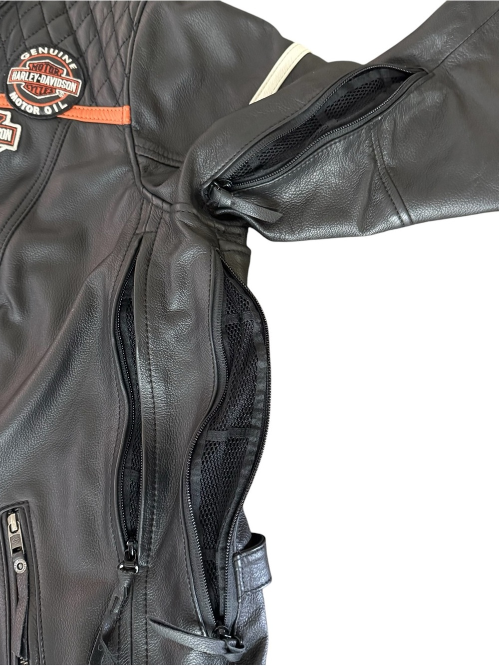 Harley-Davidson Black Leather Jacket with Orange and White Accents - Picture 11 of 16